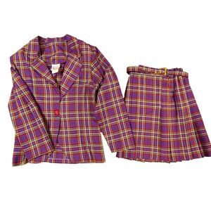 Vintage Lannie Purple Plaid Tartan Blazer and Matching Pleated Skirt Youth Sz 14